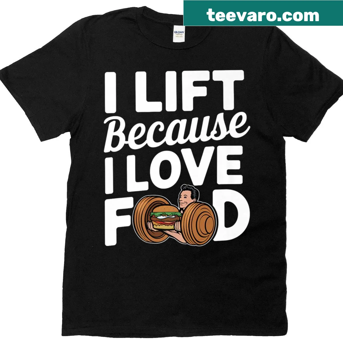 Funny gym T-shirt with I Lift Because I Love Food quote — on a men's t-shirt