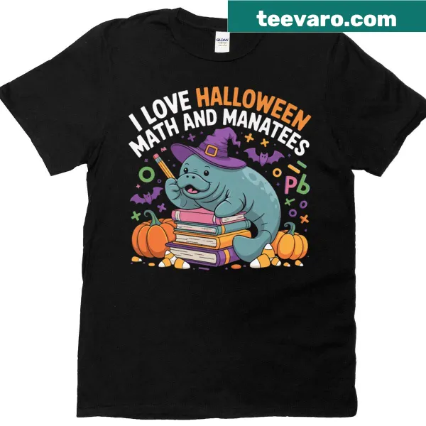 Funny teacher shirt with Halloween, math, and manatees graphic