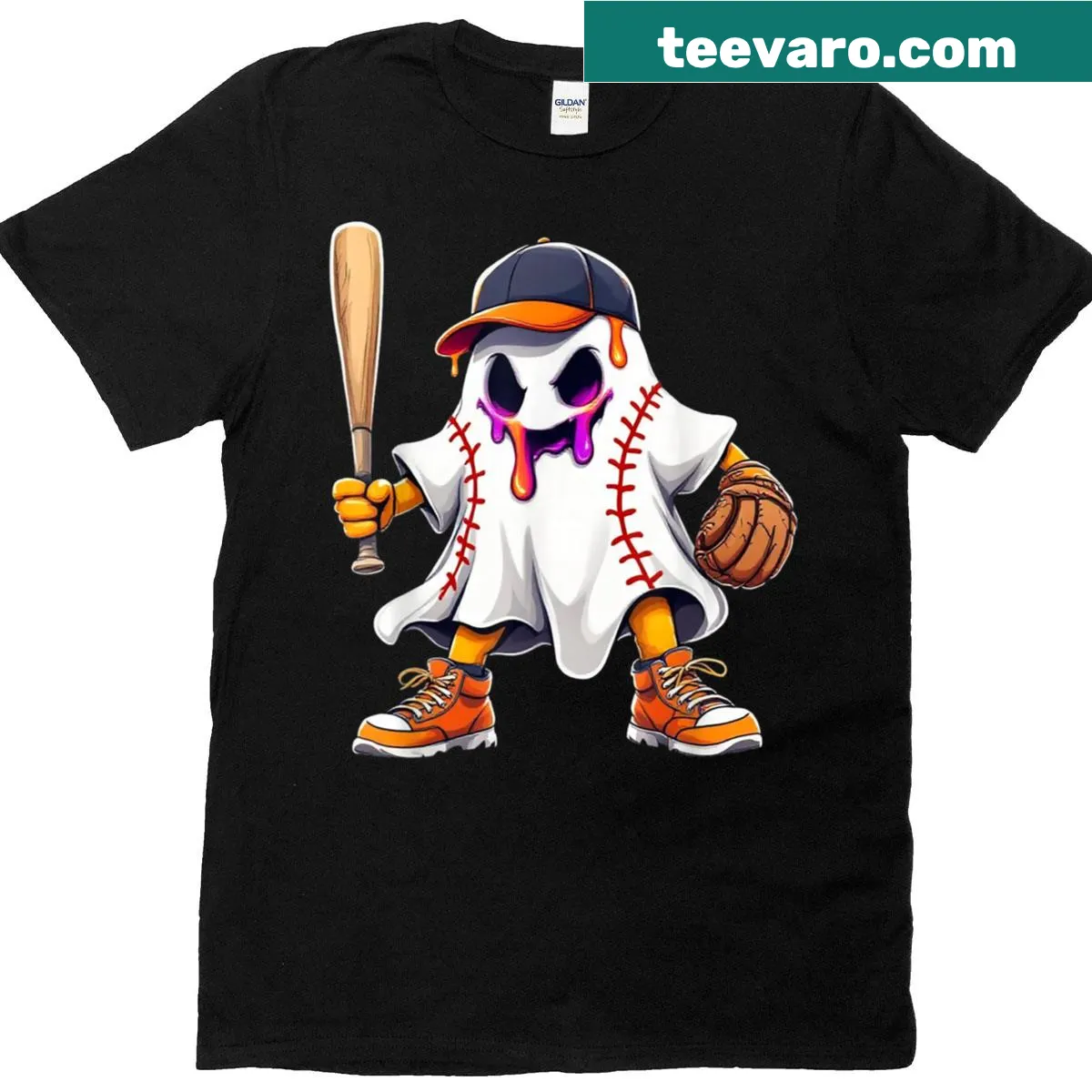 Cartoon ghost with ice cream dripping, baseball theme for Halloween — on a men's t-shirt