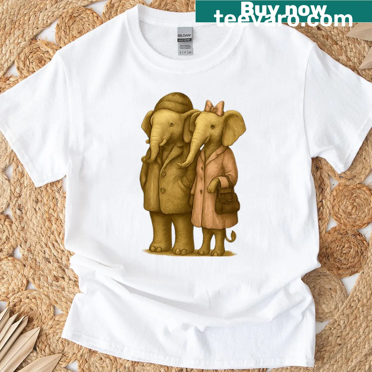 Illustrated t-shirt featuring a couple of elephants in love — on a men's t-shirt