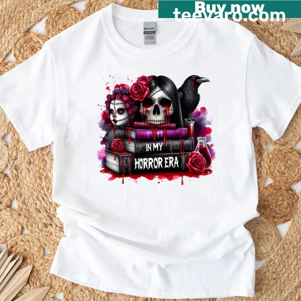 Bold 'In My Horror Era' text on a t-shirt for horror enthusiasts