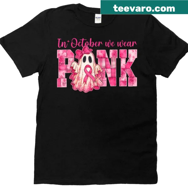 Halloween-themed t-shirt with 'In October We Wear Pink' design
