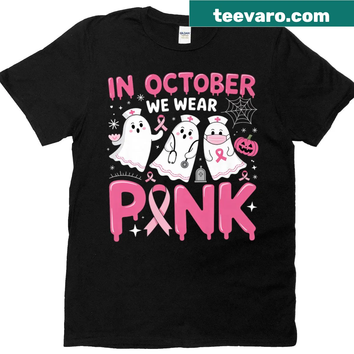 In October We Wear Pink design for breast cancer awareness and Halloween — on a men's t-shirt