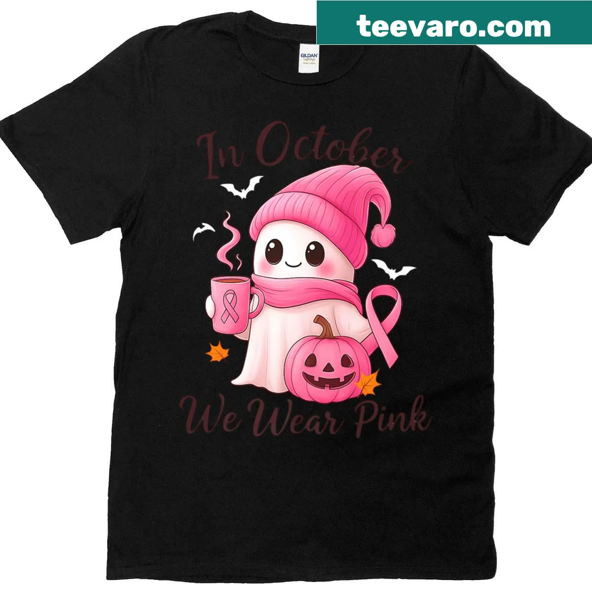 Ghost and coffee design with 'In October We Wear Pink' text — on a men's t-shirt