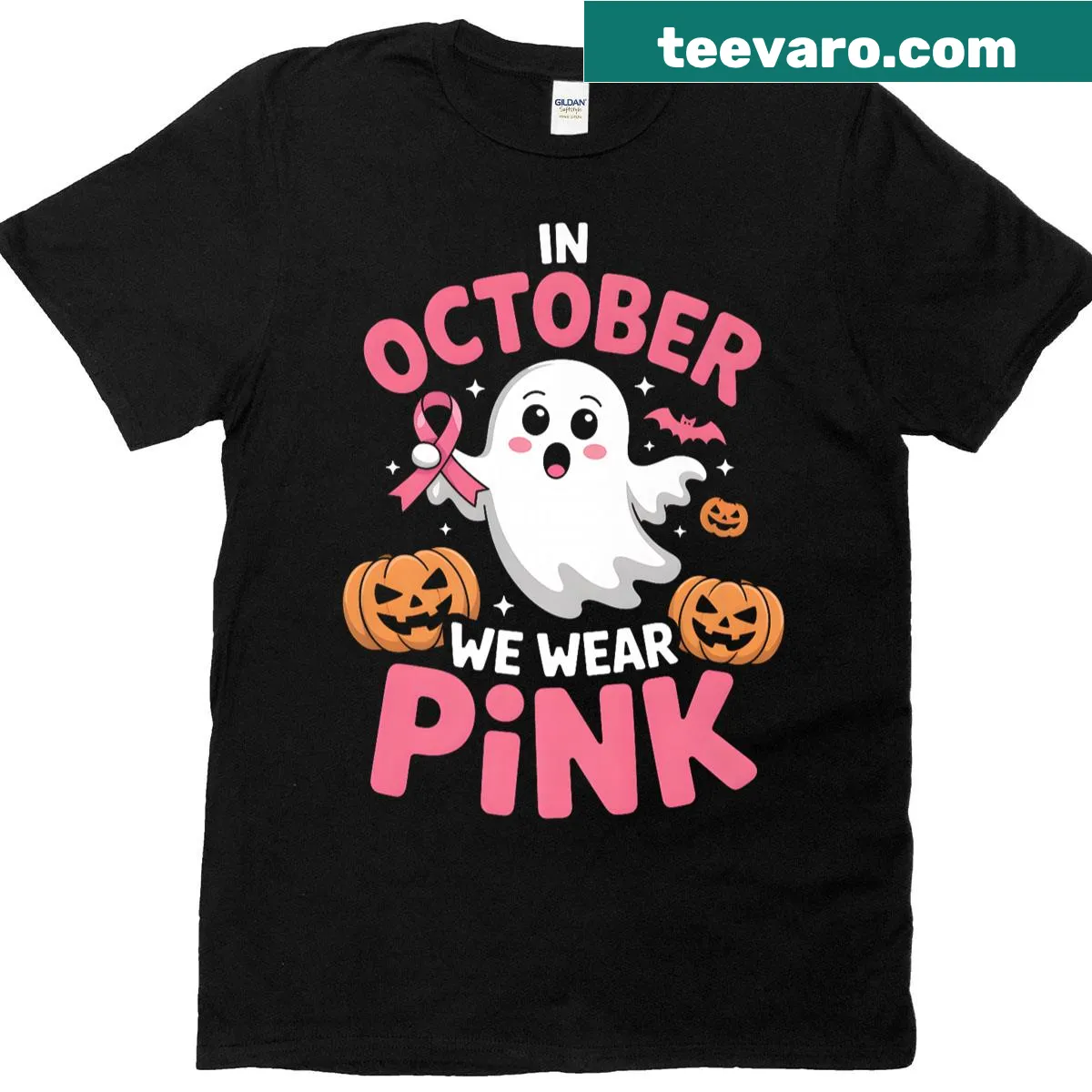 Halloween ghost design with pink awareness message. — on a men's t-shirt