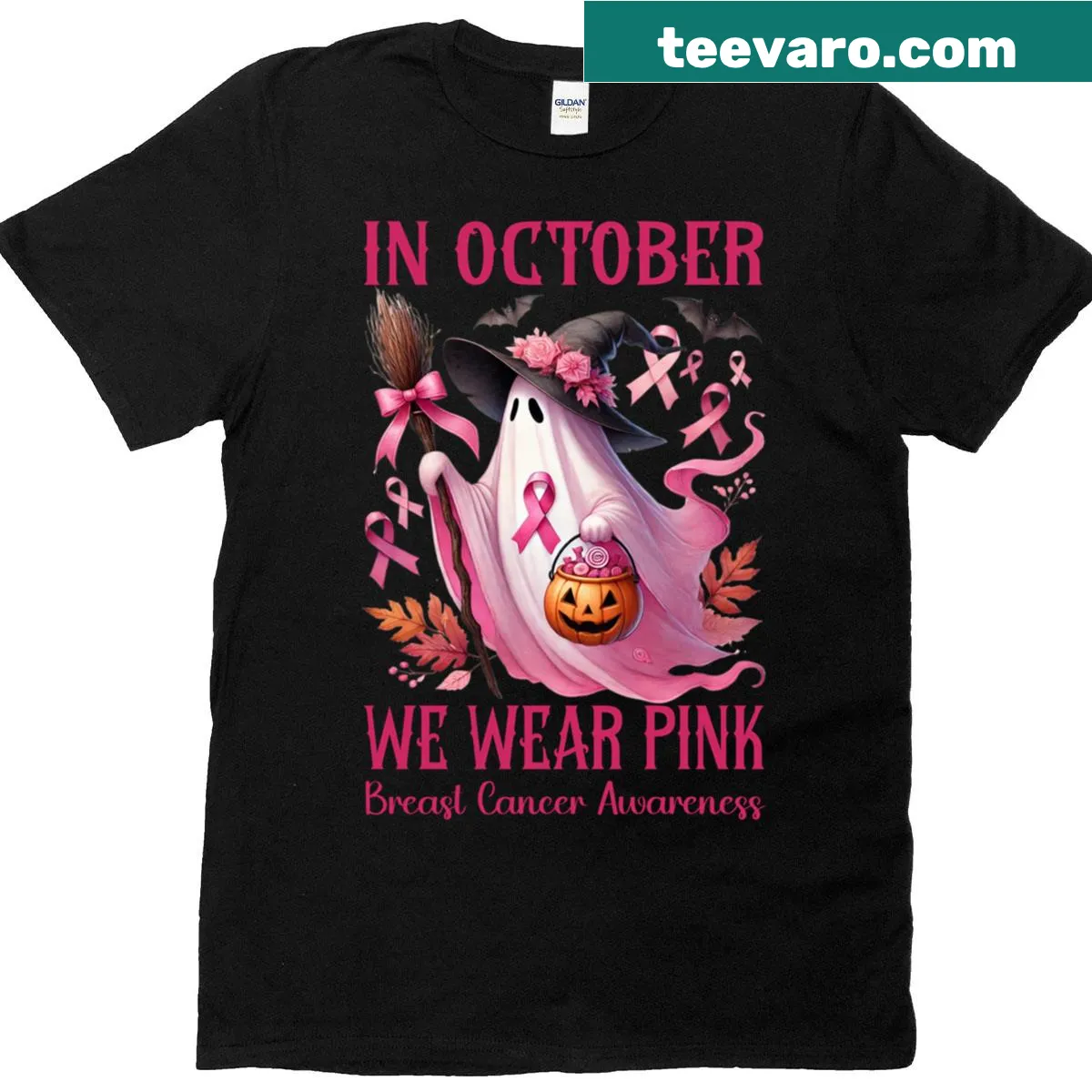 Ghost with pink ribbon design for breast cancer awareness T-shirt — on a men's t-shirt