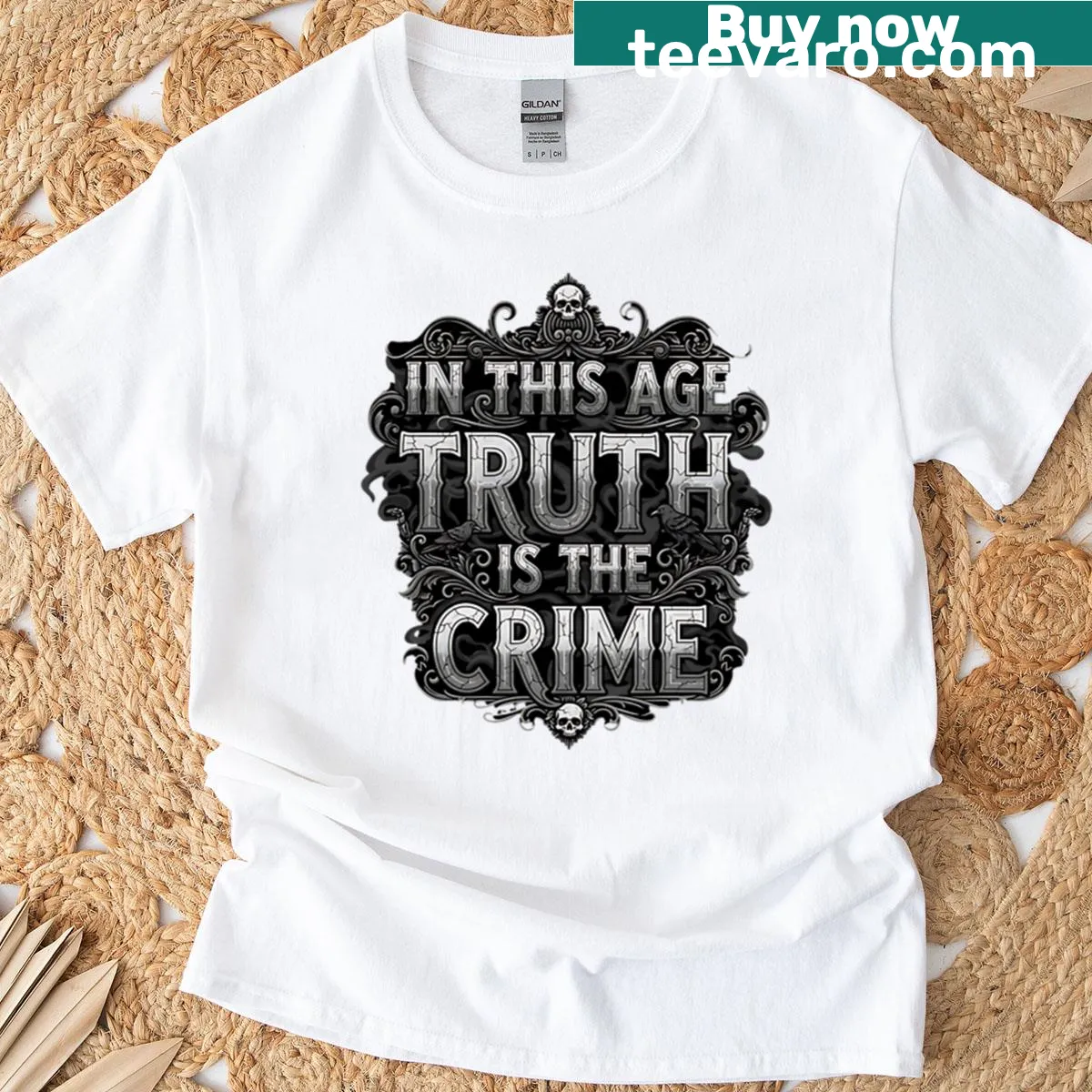 T-shirt featuring the quote 'In This Age Truth Is The Crime' in bold typography — on a men's t-shirt