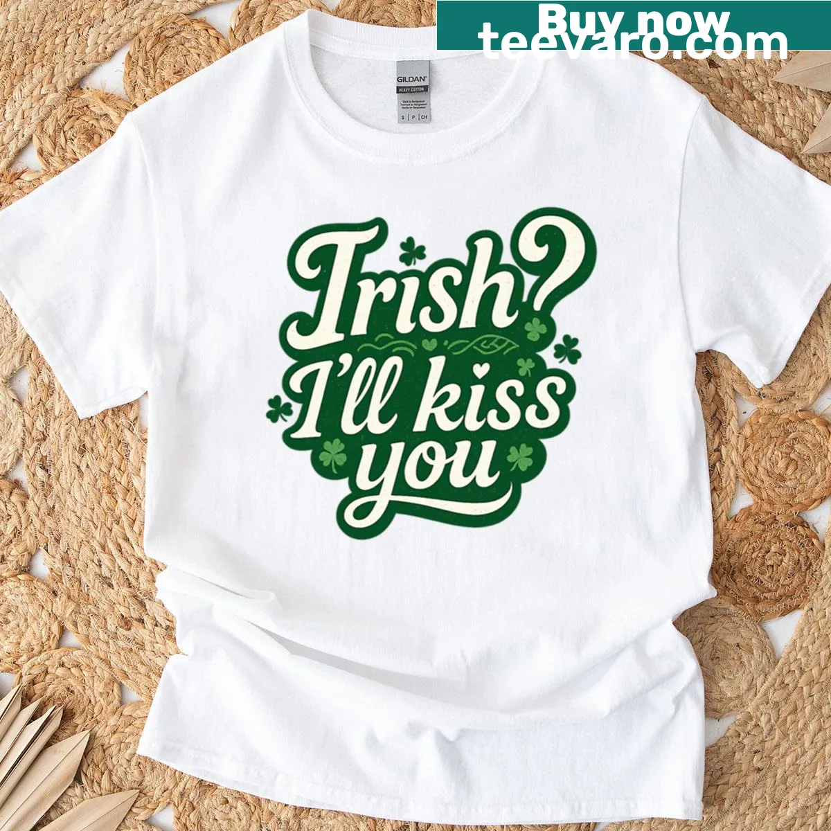 Funny St. Patrick's Day t-shirt with shamrock and playful text. — on a men's t-shirt