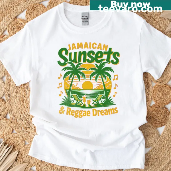 Illustrated T-shirt depicting a serene Jamaican sunset