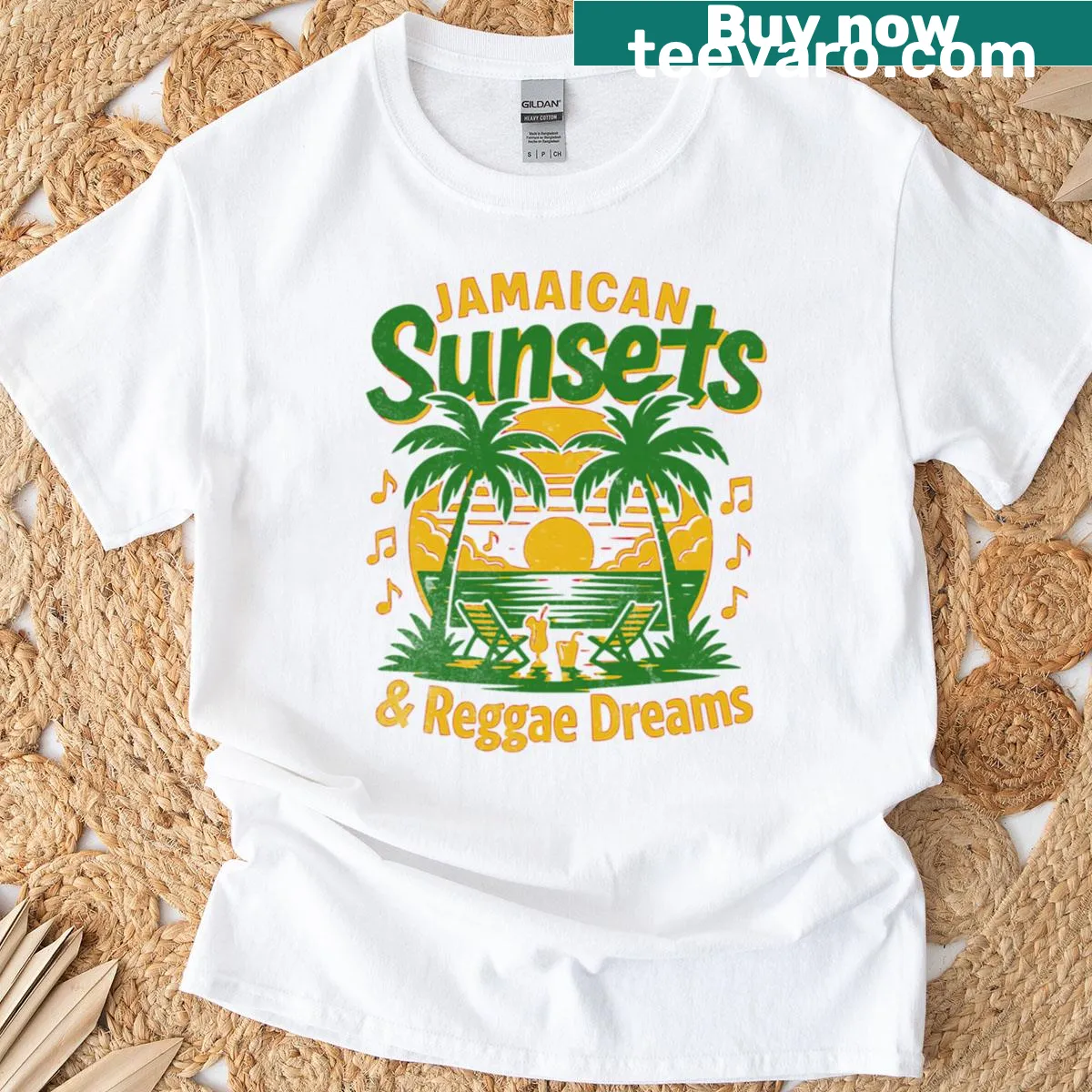 Illustrated T-shirt depicting a serene Jamaican sunset — on a men's t-shirt