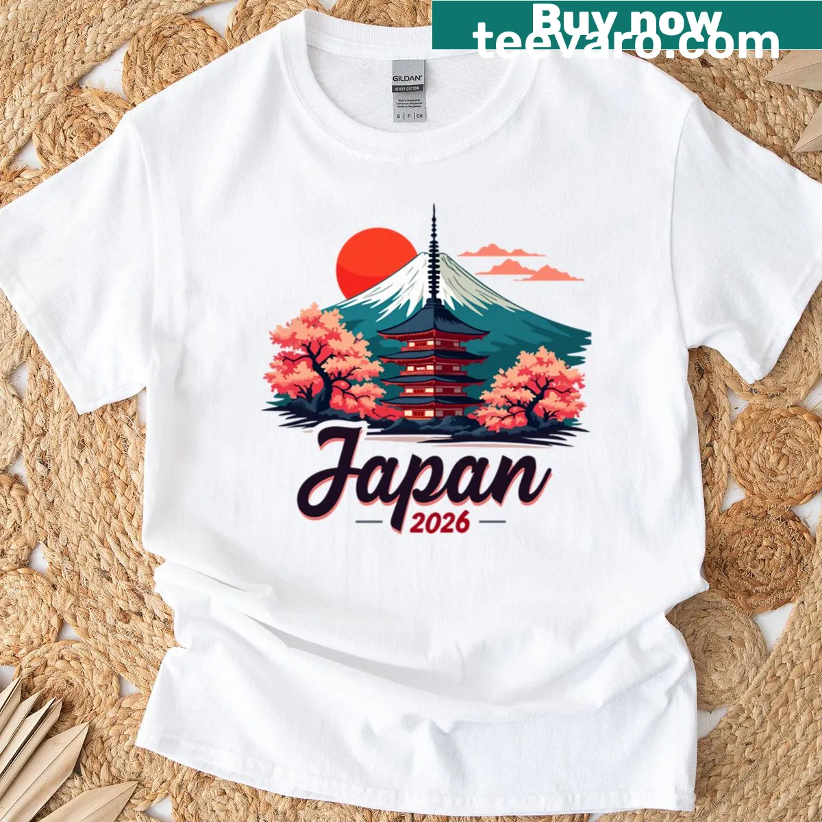 Illustrative t-shirt featuring Mount Fuji and a pagoda, symbolizing Japan. — on a men's t-shirt
