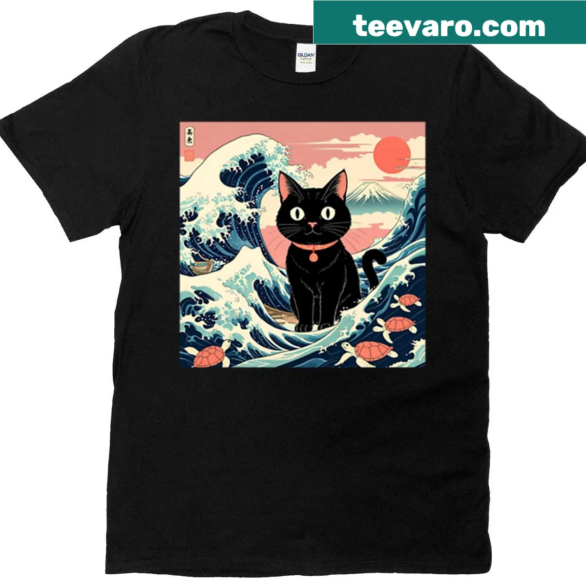 Kawaii illustration of a cat with Japanese wave design — on a men's t-shirt