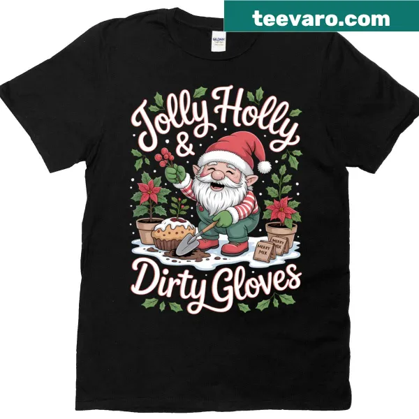 Illustrated Christmas gnome with holly and gloves on T-shirt