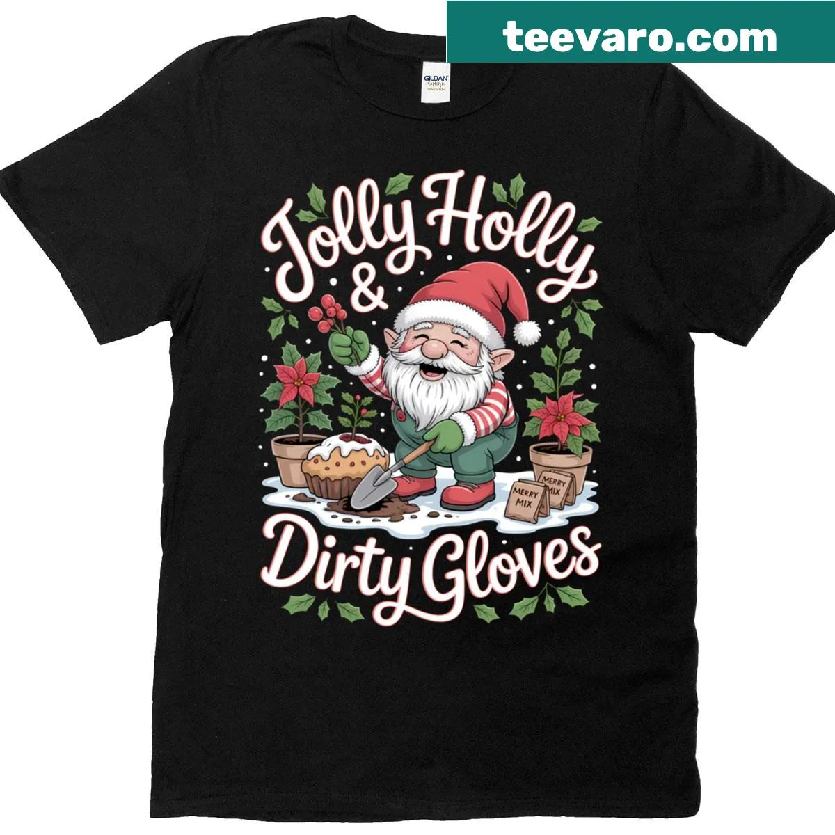 Illustrated Christmas gnome with holly and gloves on T-shirt — on a men's t-shirt