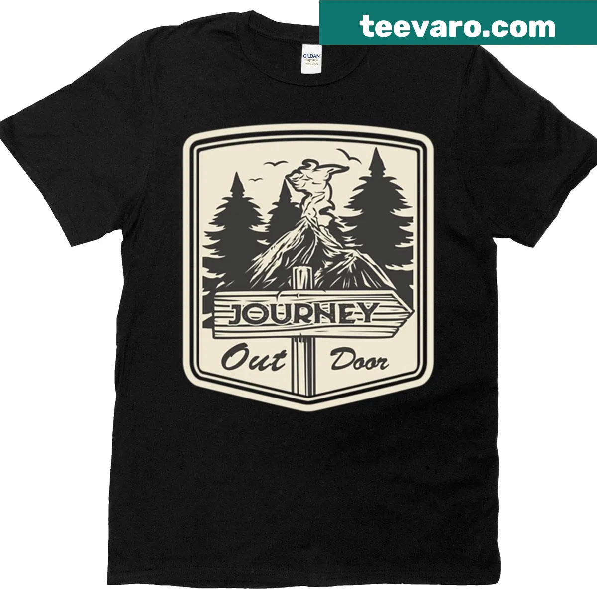 Retro badge-themed outdoor adventure t-shirt — on a men's t-shirt