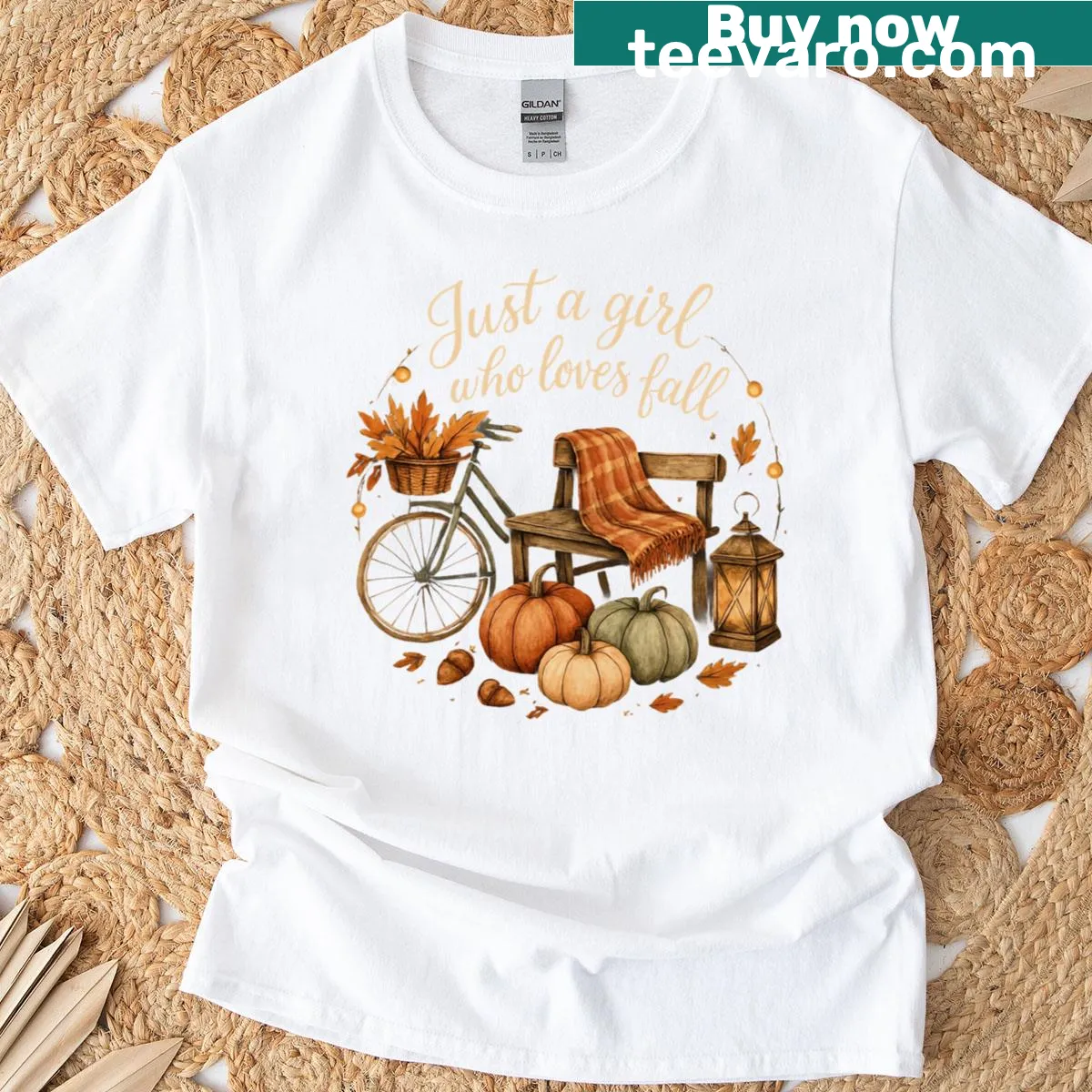 Cute fall-themed T-shirt with pumpkins and leaves — on a men's t-shirt