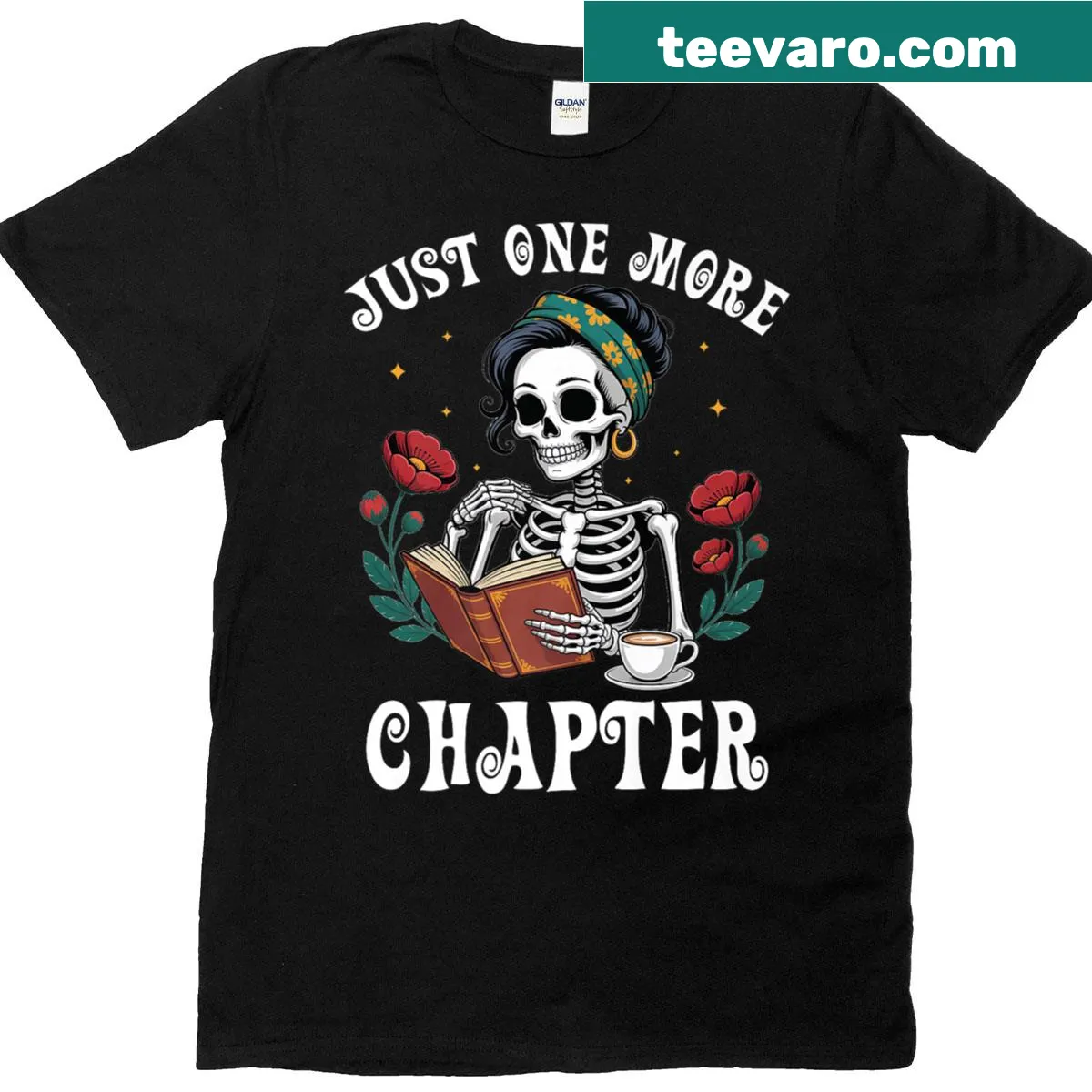 Skeleton with flowers and 'Just One More Chapter' text graphic — on a men's t-shirt