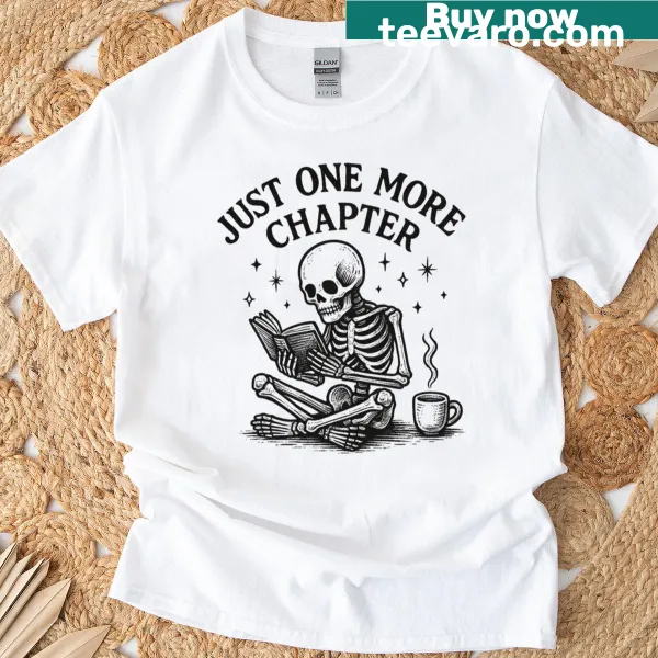 Skeleton reading a book with coffee illustration on an oversized t-shirt