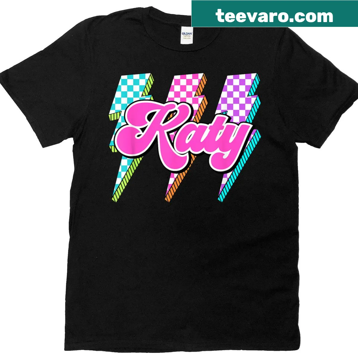 Vintage checkered T-shirt with 'I Love Katy' text. — on a men's t-shirt