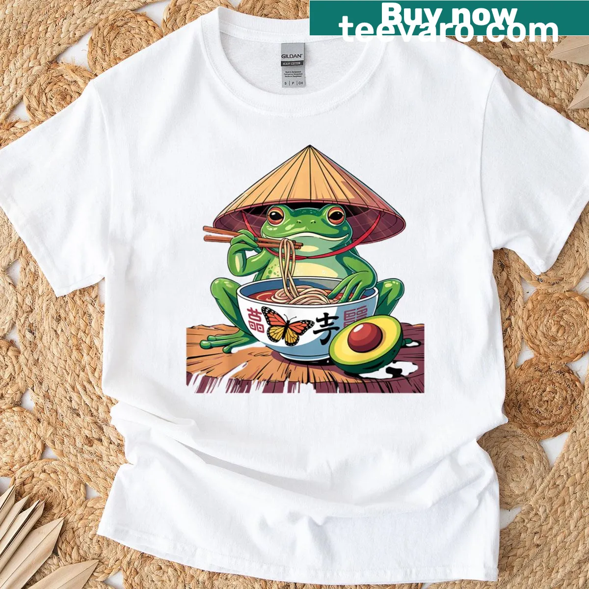 Cartoon frog enjoying ramen design on a fun anime-themed T-shirt — on a men's t-shirt