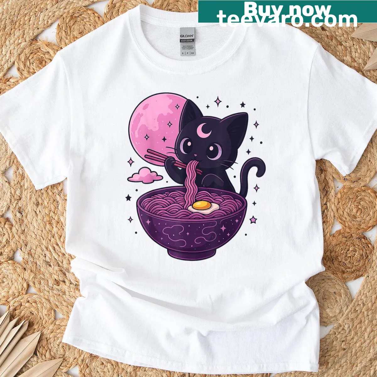Kawaii graphic of a pastel goth cat eating ramen under the moon — on a men's t-shirt