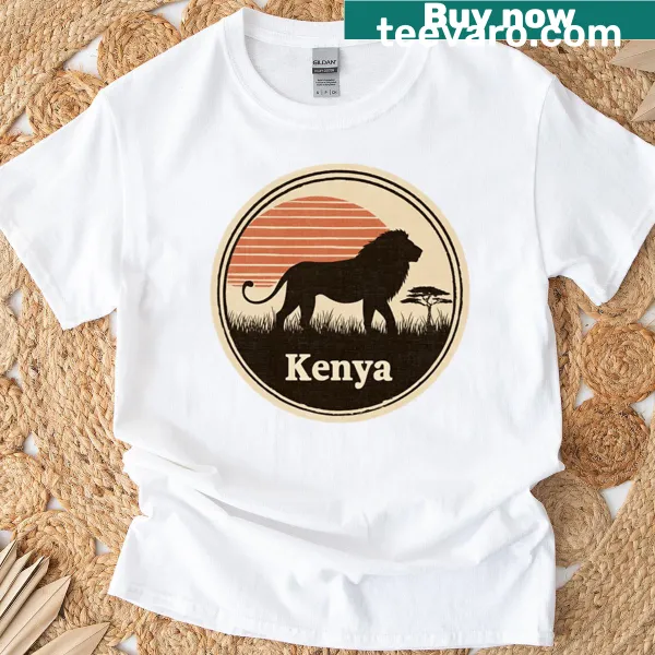 Vintage lion sunset design T-shirt inspired by Kenya's wildlife