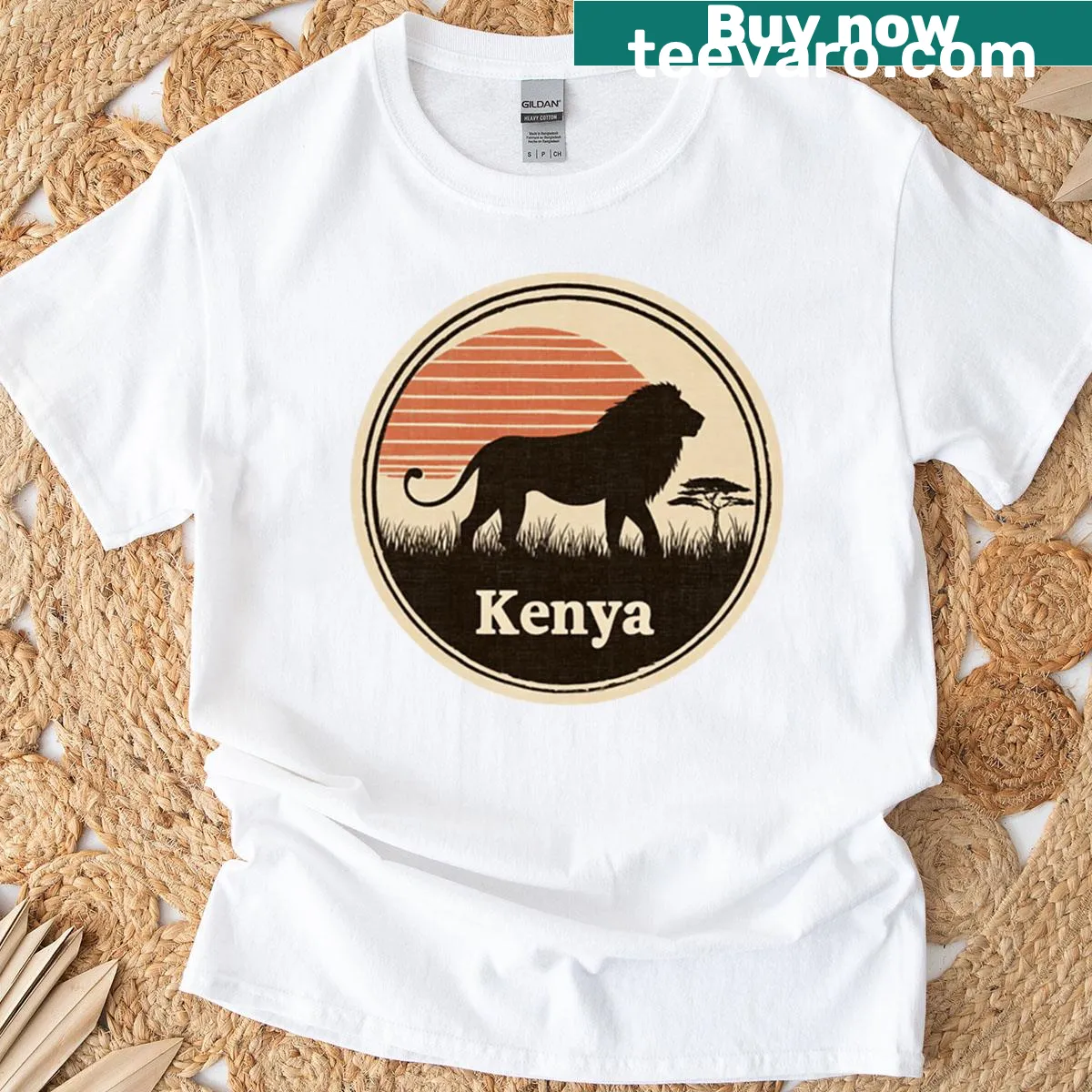 Vintage lion sunset design T-shirt inspired by Kenya's wildlife — on a men's t-shirt