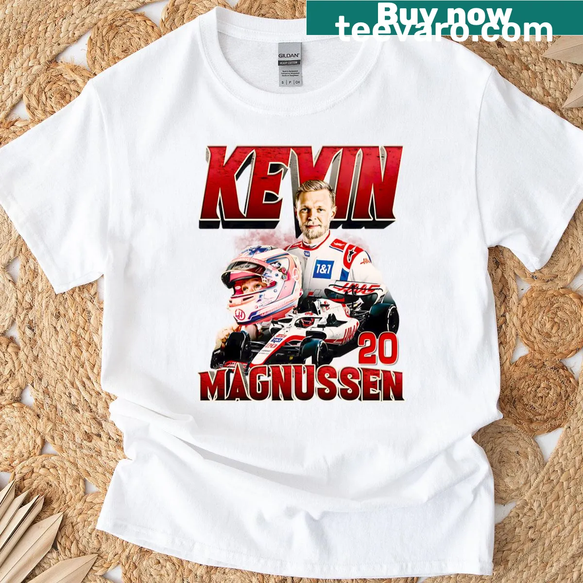 Retro Kevin Magnussen racing art print on an oversized t-shirt — on a men's t-shirt