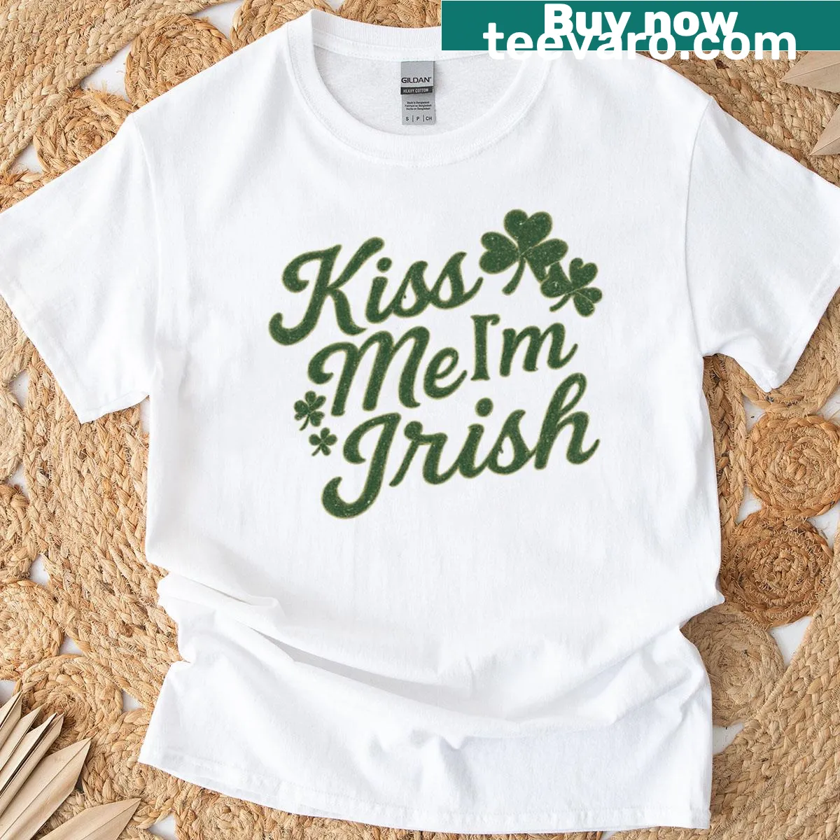 Vintage green t-shirt with shamrock and 'Kiss Me I'm Irish' text — on a men's t-shirt