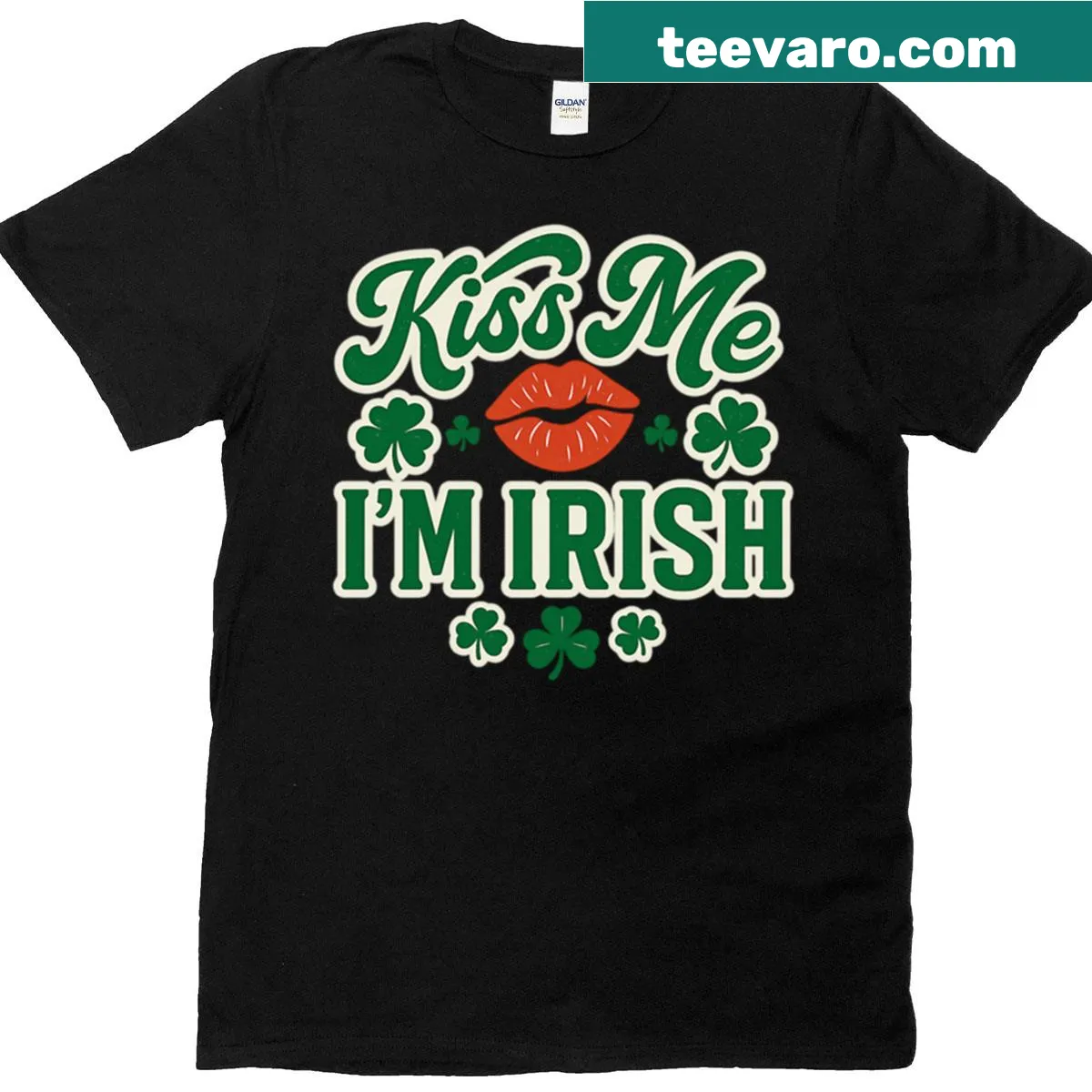 Graphic tee with 'Kiss Me I'm Irish' text and shamrock illustration — on a men's t-shirt