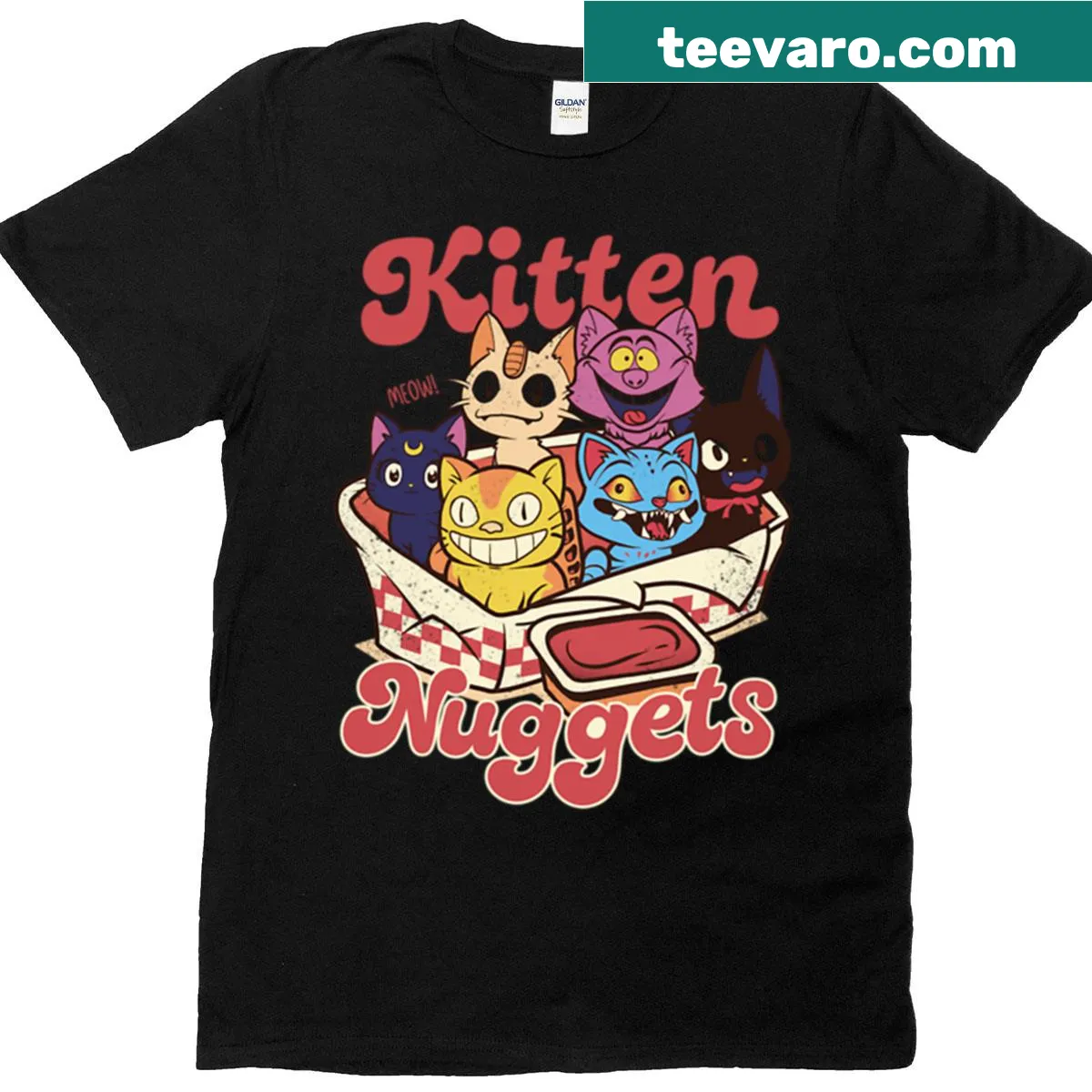 Cute cartoon design featuring playful kittens labeled 'Kitten Nuggets' — on a men's t-shirt