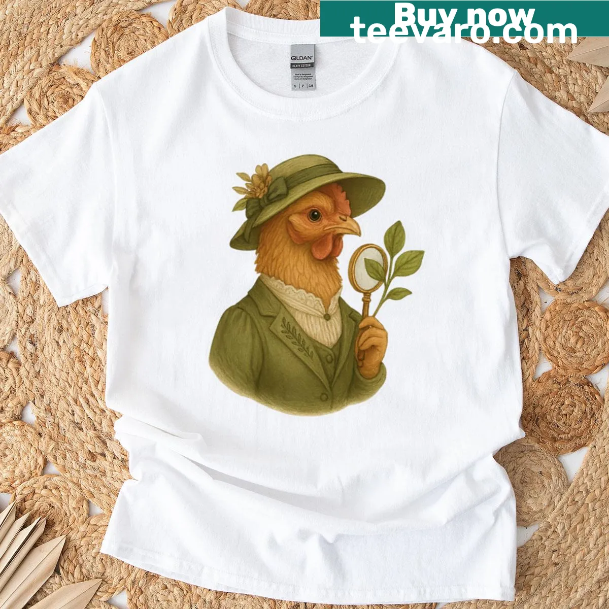 Oversized T-shirt featuring royal chickens and botanical elements — on a men's t-shirt