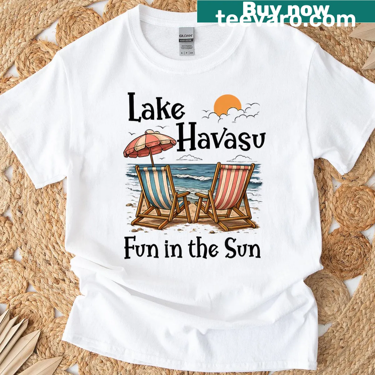Illustrated t-shirt featuring Lake Havasu and sun motifs — on a men's t-shirt