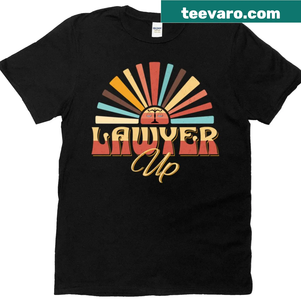 Retro sunburst design with 'Lawyer Up' text for law school graduates — on a men's t-shirt
