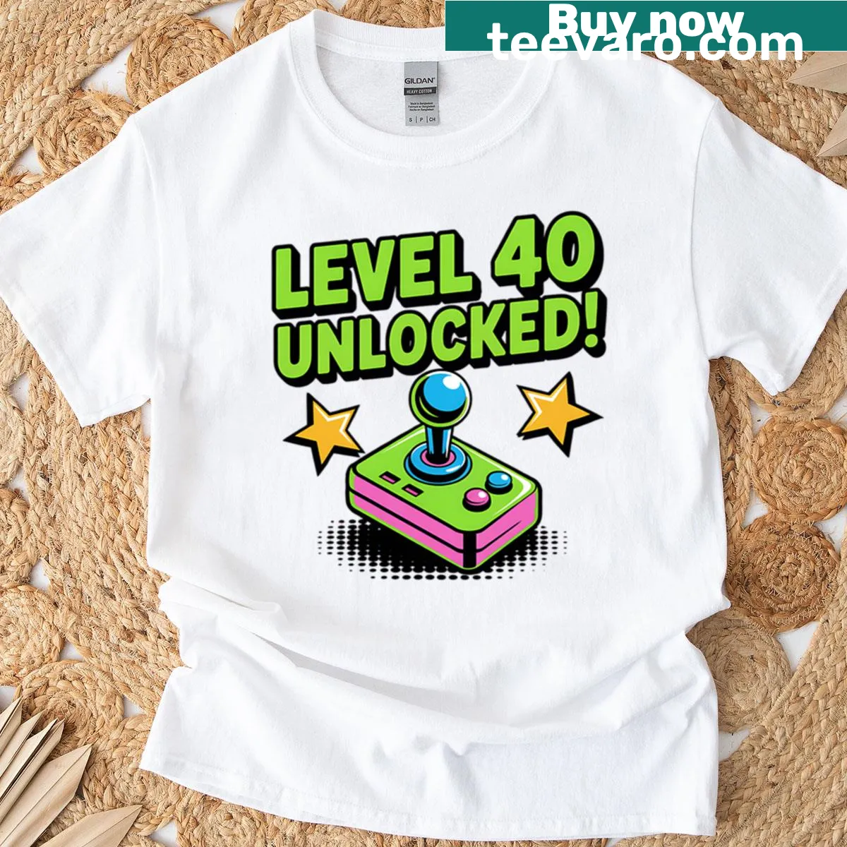 Joystick graphic with 'Level 40 Unlocked' text on an oversized t-shirt — on a men's t-shirt