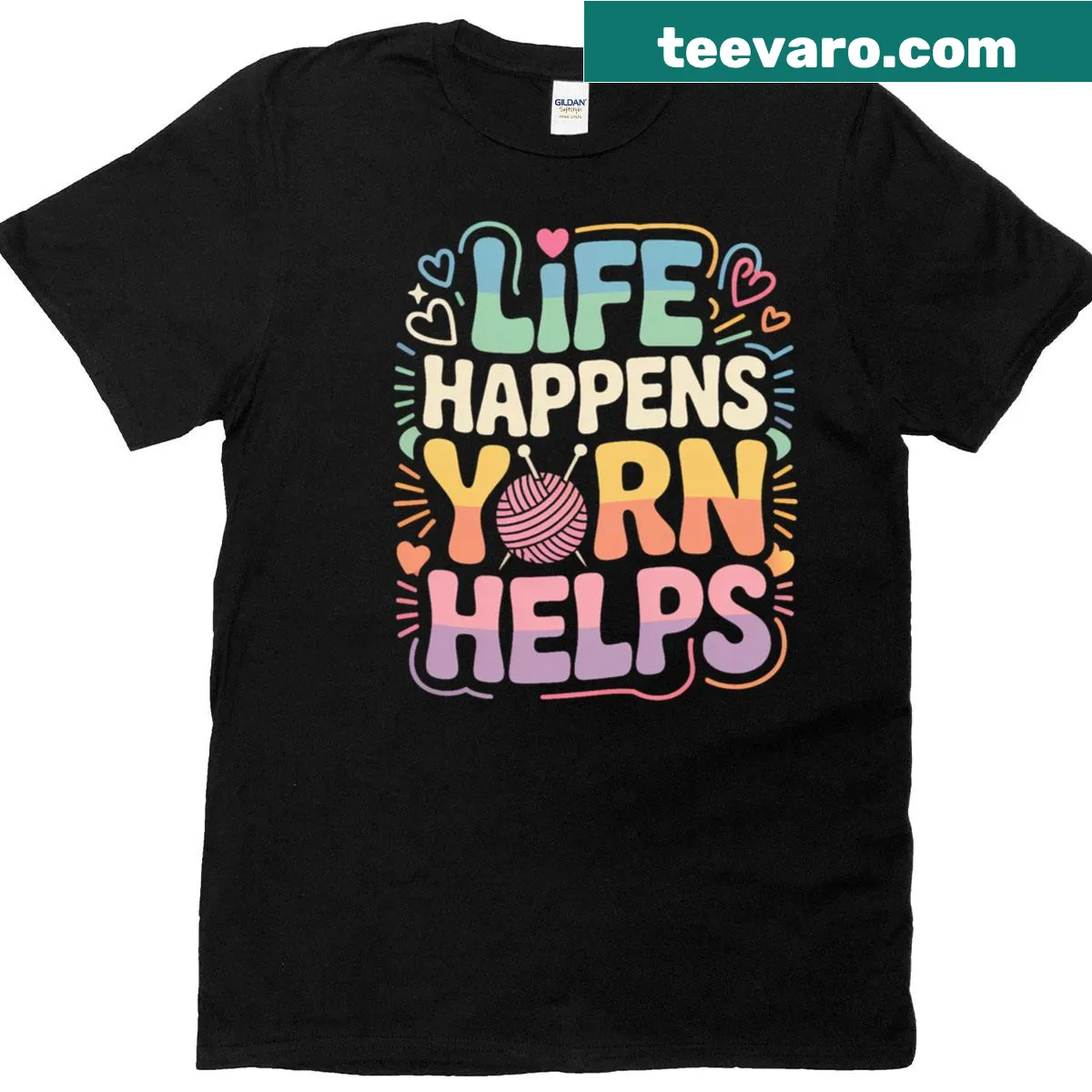 Craft-themed t-shirt with 'Life Happens Yarn Helps' text design — on a men's t-shirt