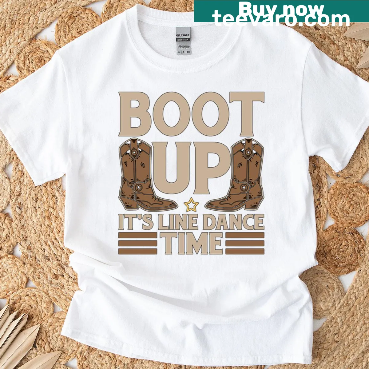 Illustration of boots with 'Boot Up It's Line Dance' text on an oversized t-shirt — on a men's t-shirt