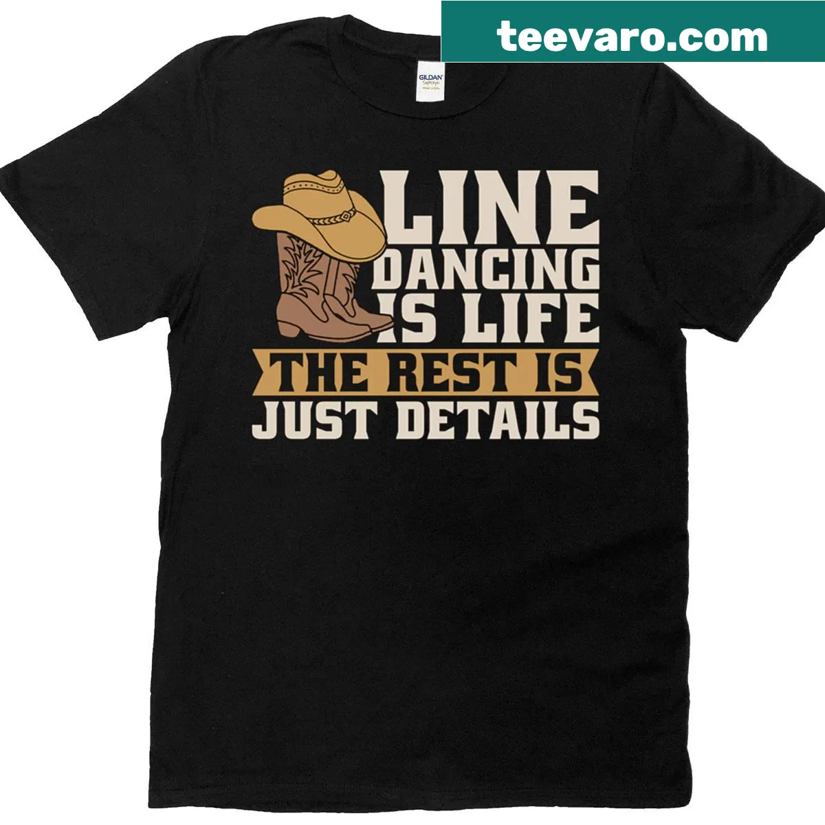 Playful line dancing t-shirt with cowboy boots graphic — on a men's t-shirt