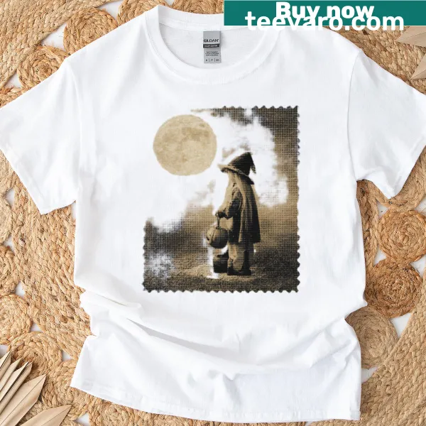 Illustration of a little witch making a wish under the moonlight on a T-shirt