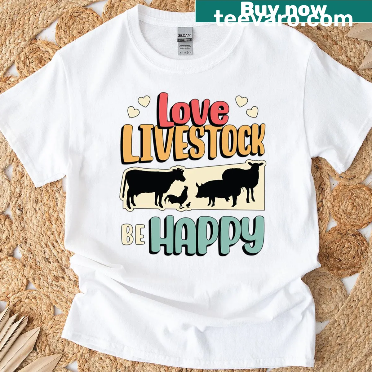 Illustration of livestock with a happy farmer on a T-shirt — on a men's t-shirt