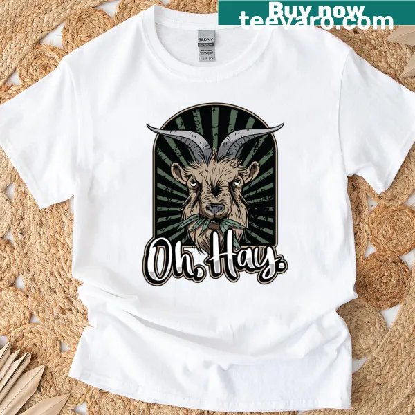 Illustration of farm animals with 'Oh Hay' text on a t-shirt