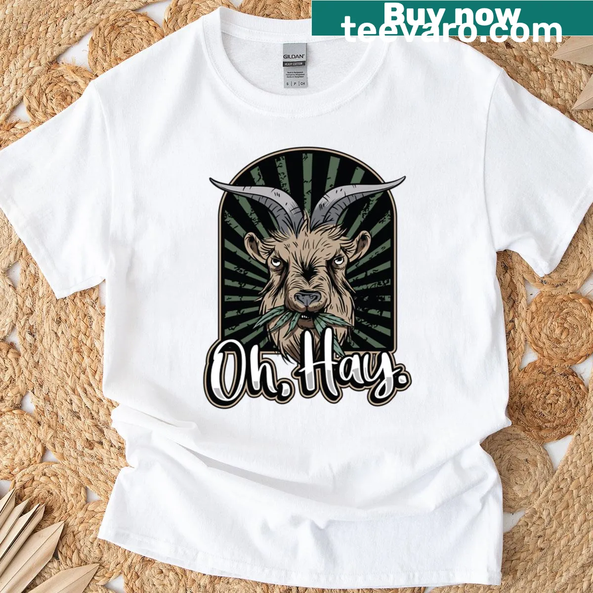 Illustration of farm animals with 'Oh Hay' text on a t-shirt — on a men's t-shirt