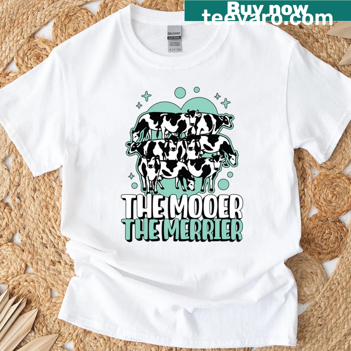 Funny Livestock Breeder t-shirt with Mooer The Merrier slogan — on a men's t-shirt