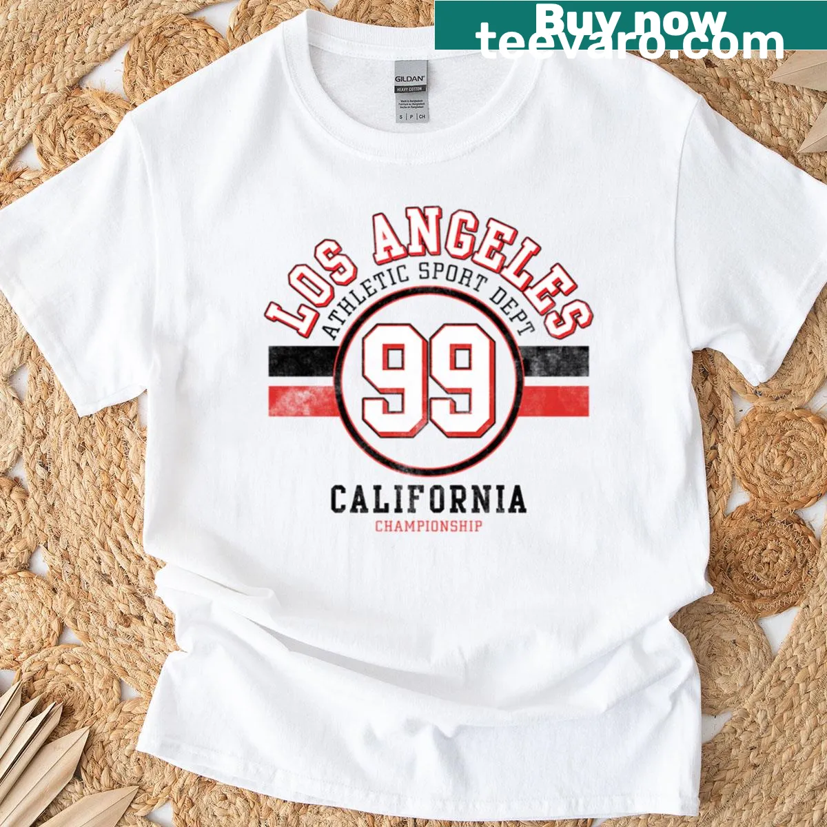 Vintage sports graphic T-shirt with Los Angeles and '99' design — on a men's t-shirt