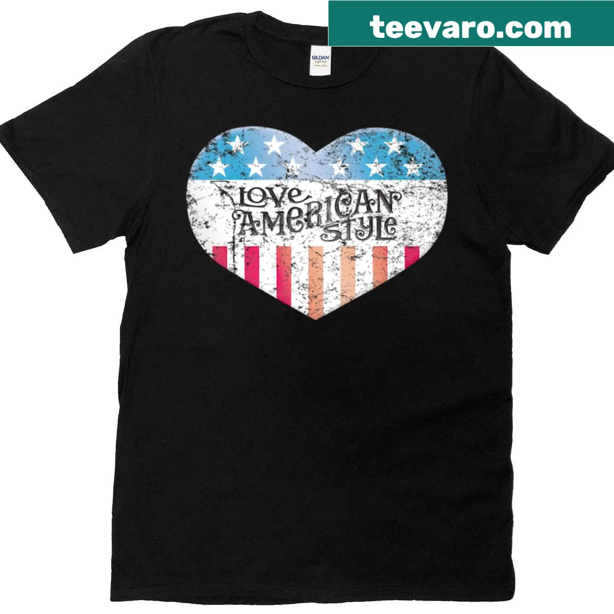 Patriotic T-shirt with heart design made from distressed American flag — on a men's t-shirt