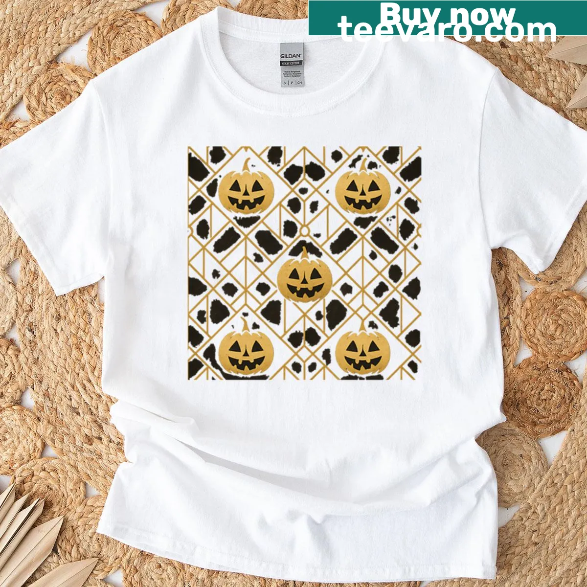 Halloween pumpkin graphic in geometric lattice design — on a men's t-shirt