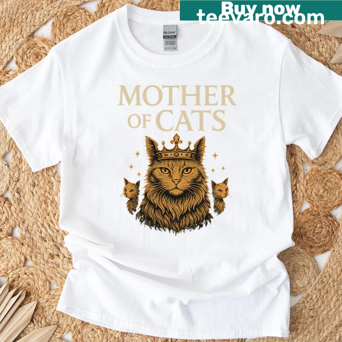 Illustration of a crowned cat, representing feline royalty — on a men's t-shirt
