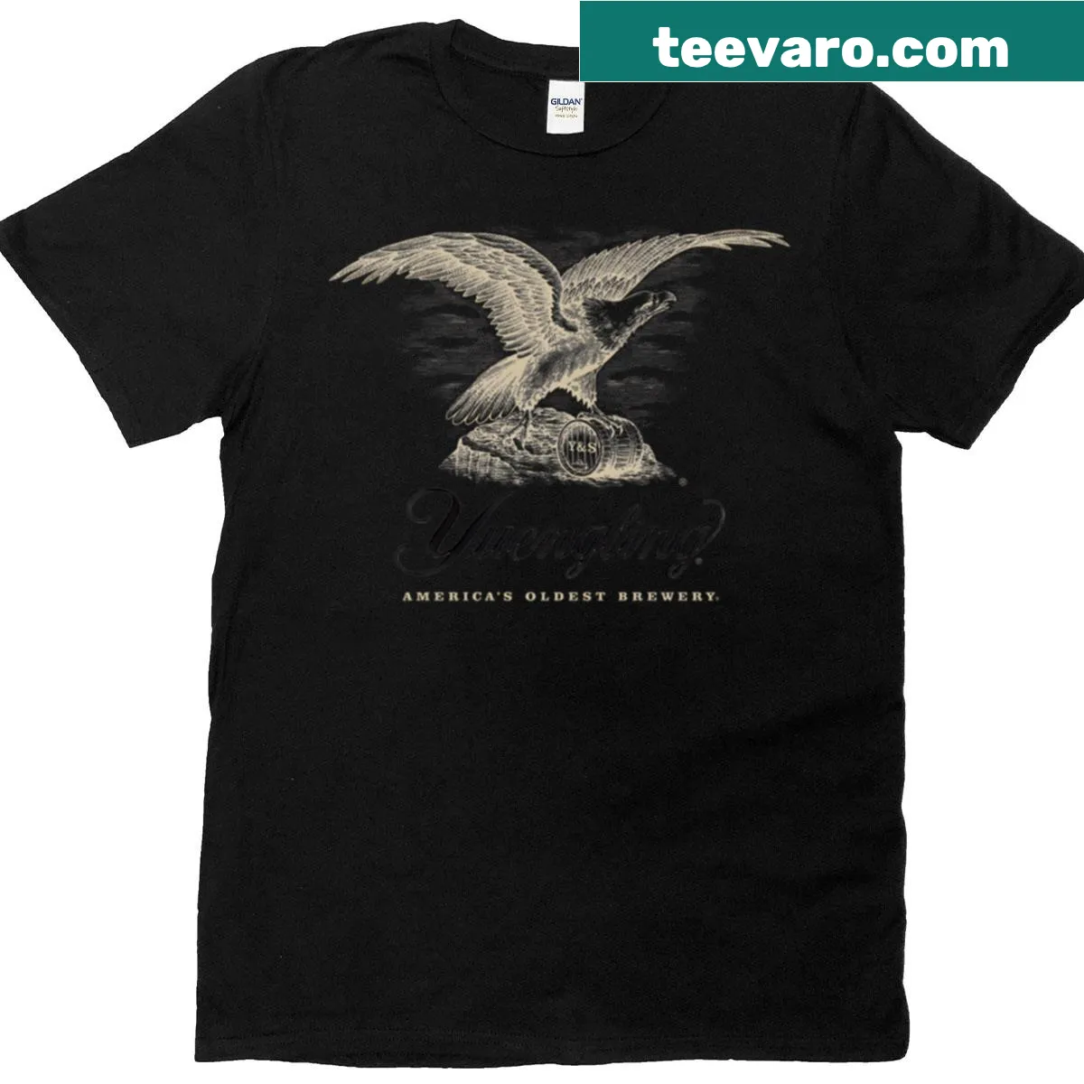 Vintage-style shirt featuring an eagle and barrel art — on a men's t-shirt