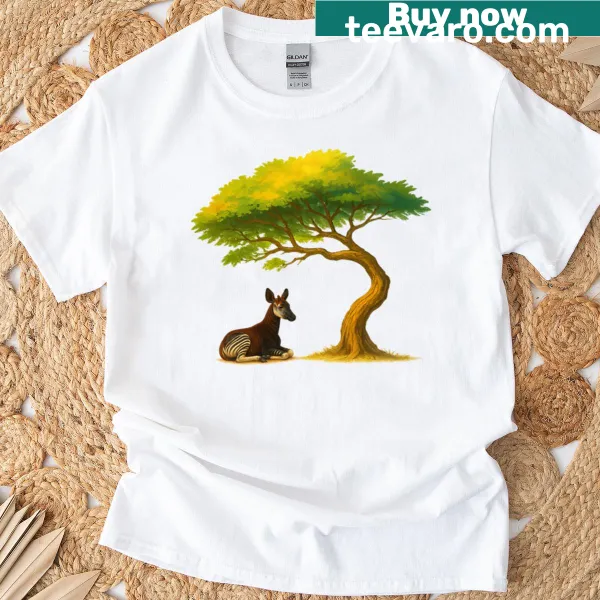 Oversized t-shirt featuring an okapi resting under a savanna tree