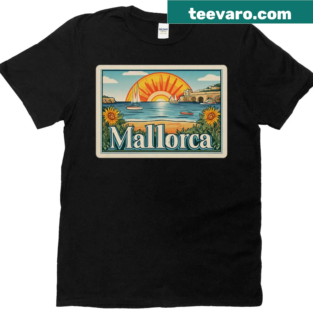 Vintage distressed Mallorca travel t-shirt with beach theme — on a men's t-shirt